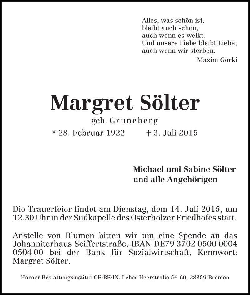 Traueranzeige von Margret Sölter von WESER-KURIER