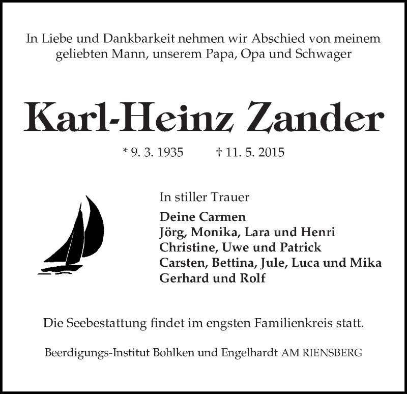 Traueranzeige von Karl-Heinz Zander von WESER-KURIER