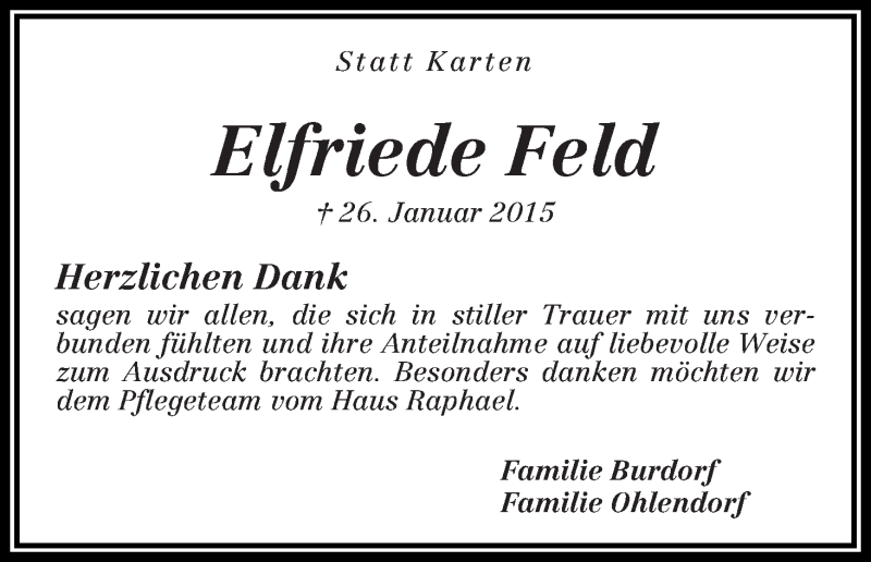 Traueranzeige von Elfriede Feld von Die Norddeutsche