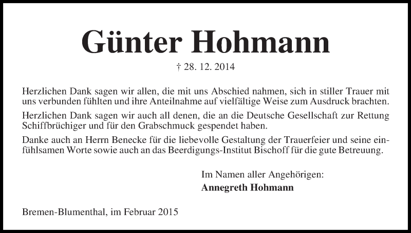 Traueranzeige von Günter Hohmann von Die Norddeutsche