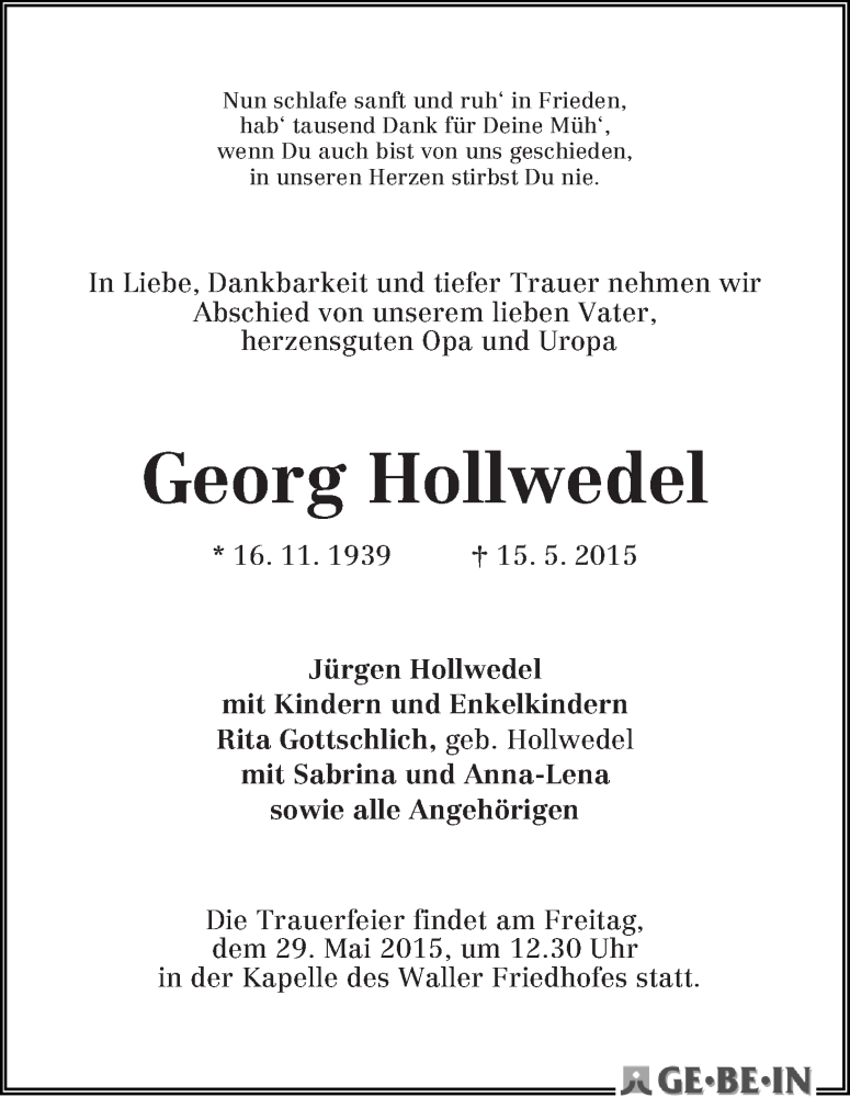 Traueranzeige von Georg Hollwedel von WESER-KURIER