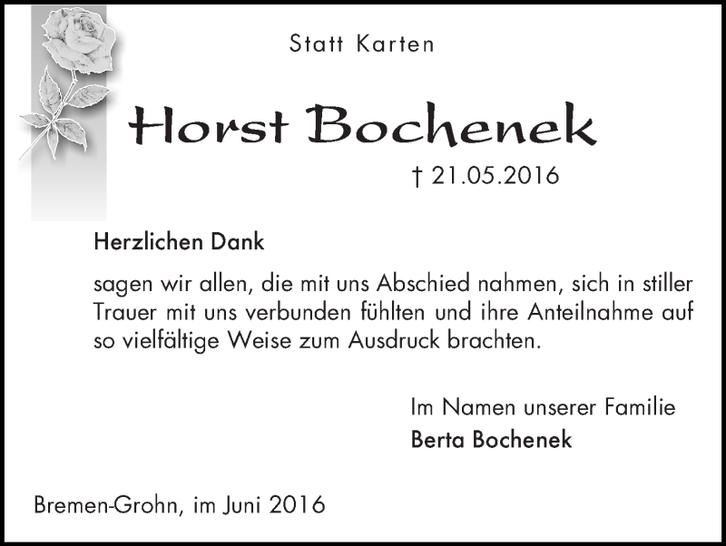 Traueranzeige von Horst Bochenek von Die Norddeutsche