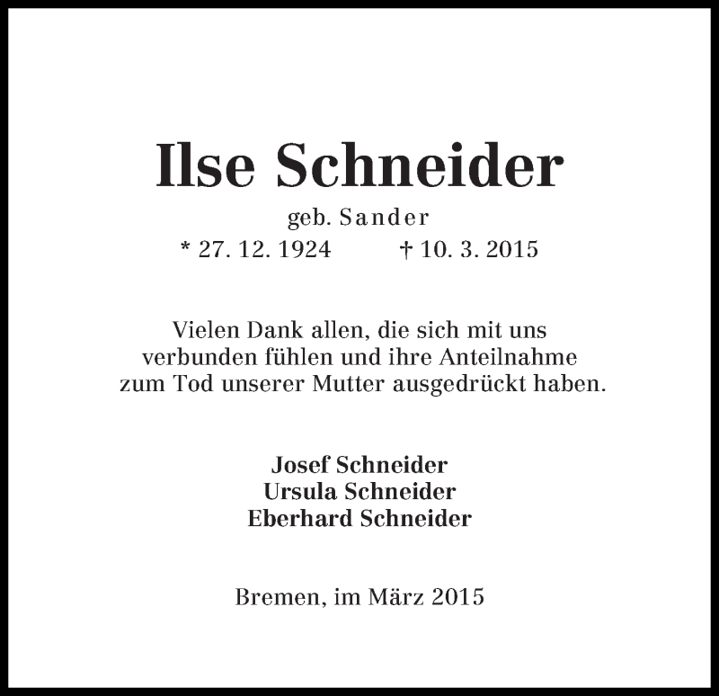 Traueranzeige von Ilse Schneider von WESER-KURIER