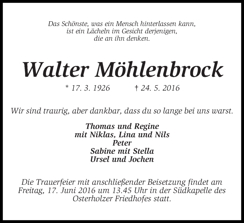 Traueranzeige von Walter Möhlenbrock von WESER-KURIER