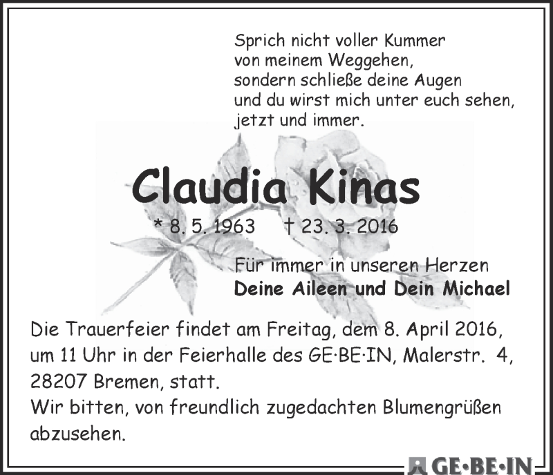 Traueranzeige von Claudia Kinas von WESER-KURIER