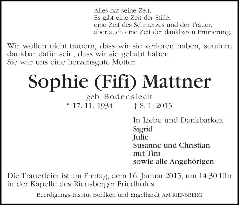 Traueranzeige von Sophie (Fifi) Mattner von WESER-KURIER