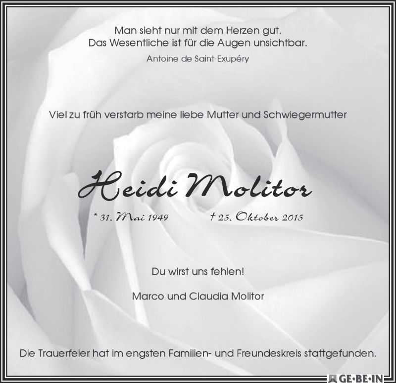Traueranzeige von Heidi Molitor von WESER-KURIER