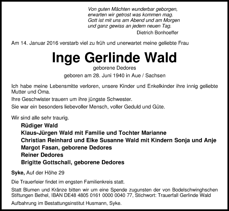 Traueranzeige von Inge Gerlinde Wald von Regionale Rundschau/Syker Kurier