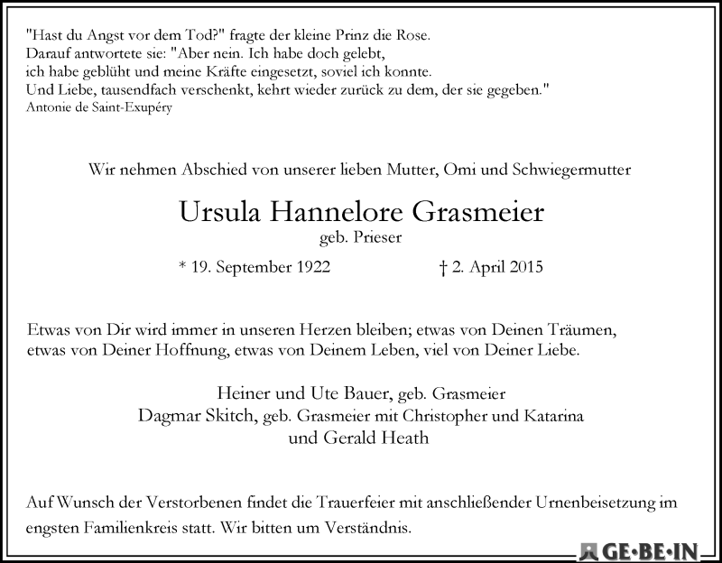 Traueranzeige von Ursula Hannelore Grasmeier von WESER-KURIER