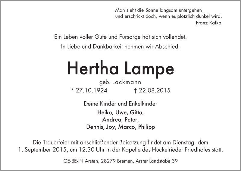 Traueranzeige von Hertha Lampe von WESER-KURIER