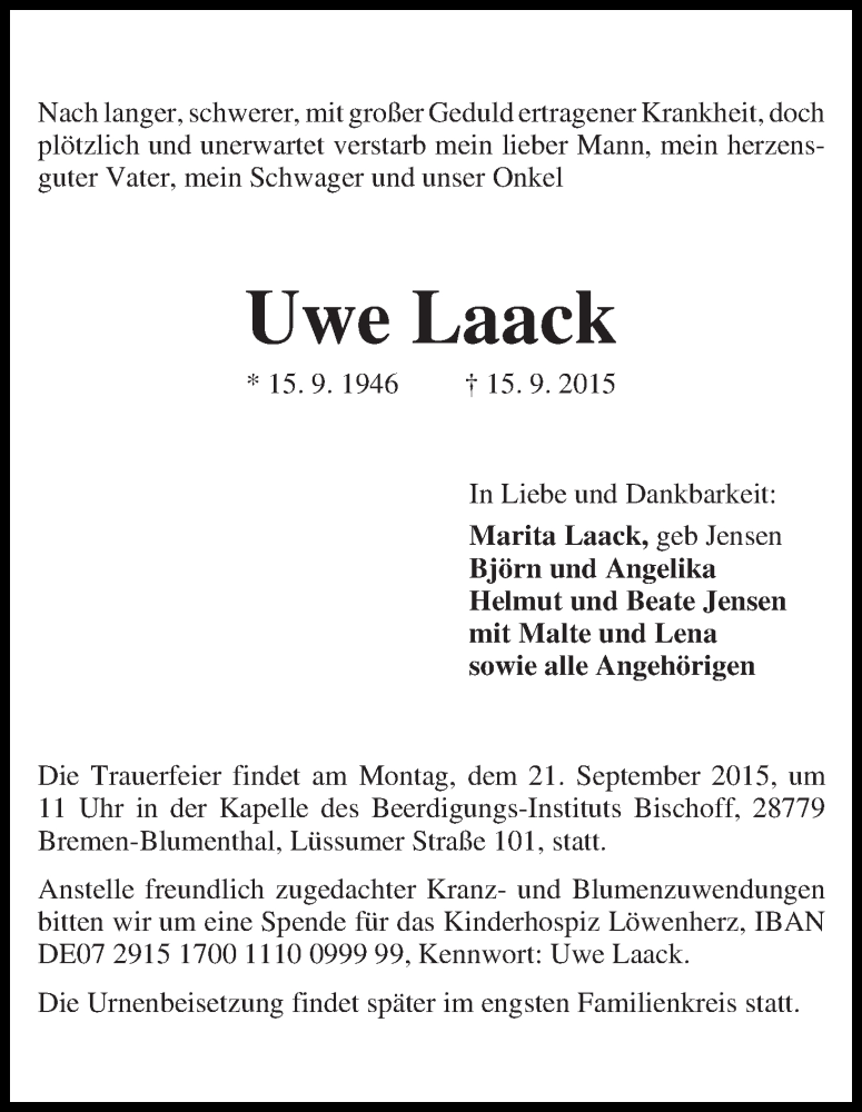 Traueranzeige von Uwe Laack von Die Norddeutsche