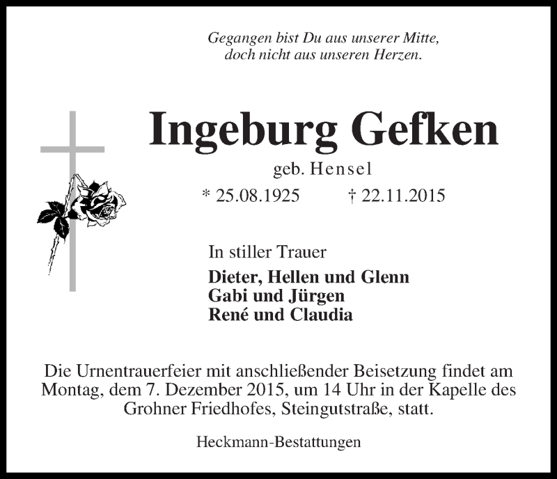 Traueranzeige von Ingeburg Gefken von Die Norddeutsche