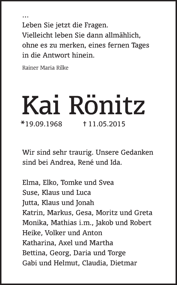 Traueranzeige von Kai Rönitz von Die Norddeutsche