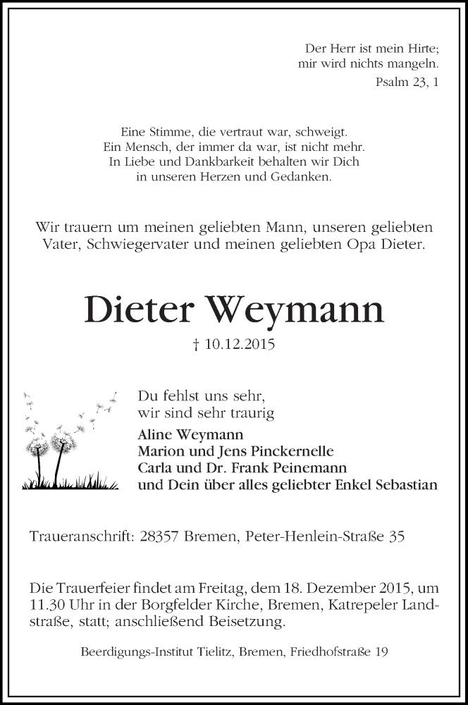 Traueranzeige von Dieter Weymann von WESER-KURIER