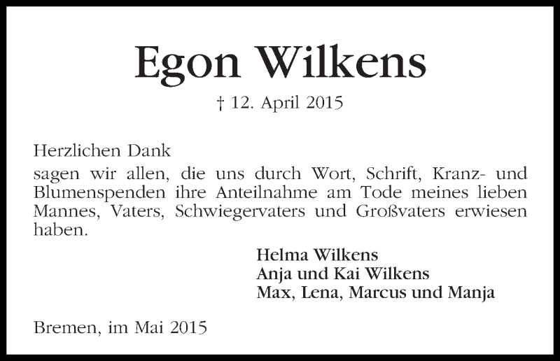 Traueranzeige von Egon Wilkes von WESER-KURIER