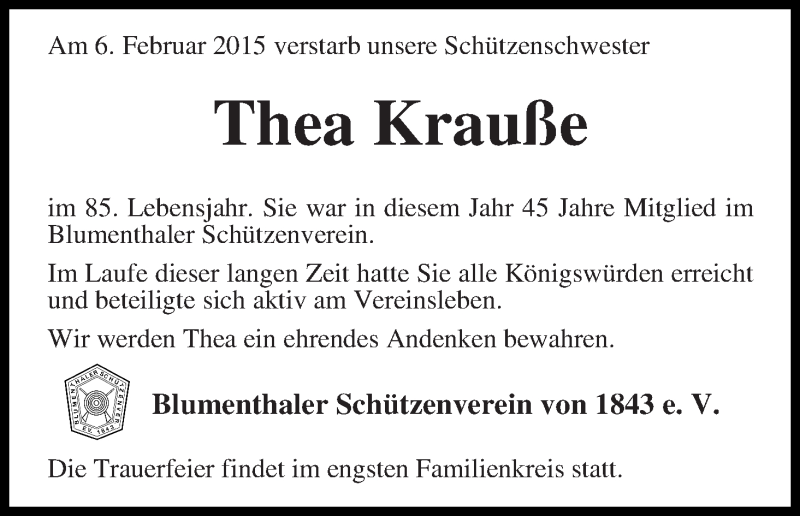 Traueranzeige von Thea Krauße von Die Norddeutsche