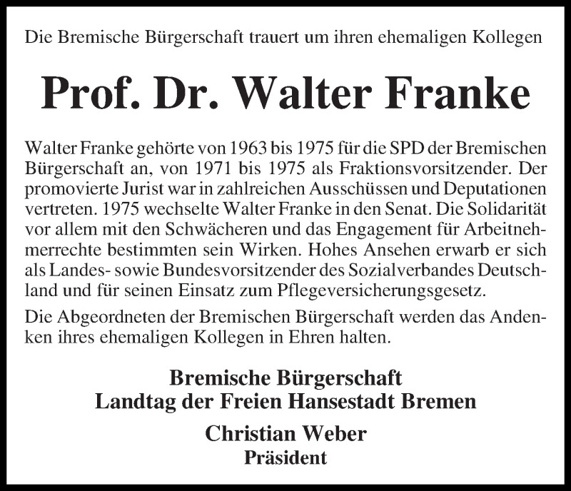 Traueranzeige von Walter Franke von WESER-KURIER