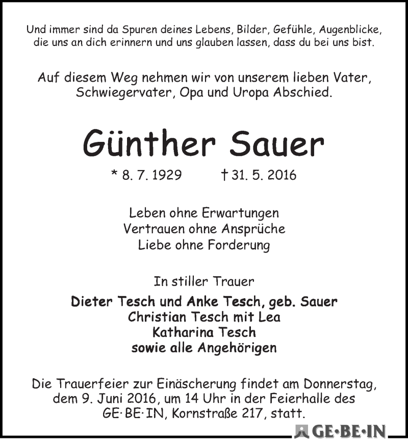 Traueranzeige von Günther Sauer von WESER-KURIER