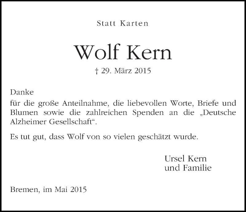 Traueranzeige von Wolf Kern von WESER-KURIER