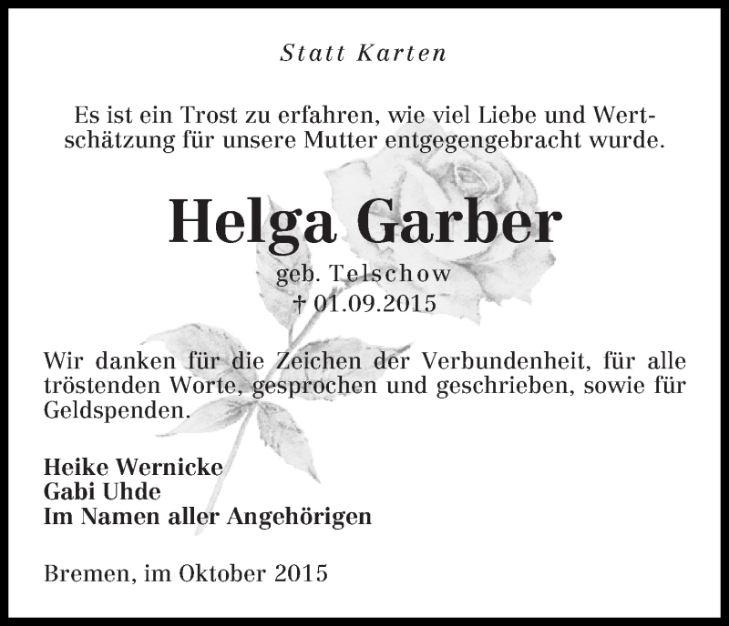 Traueranzeige von Helga Garber von Die Norddeutsche