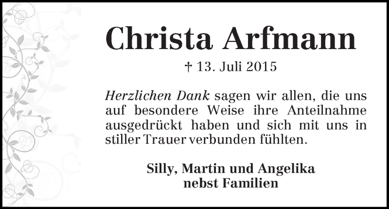 Traueranzeige von Christa Arfmann von WESER-KURIER