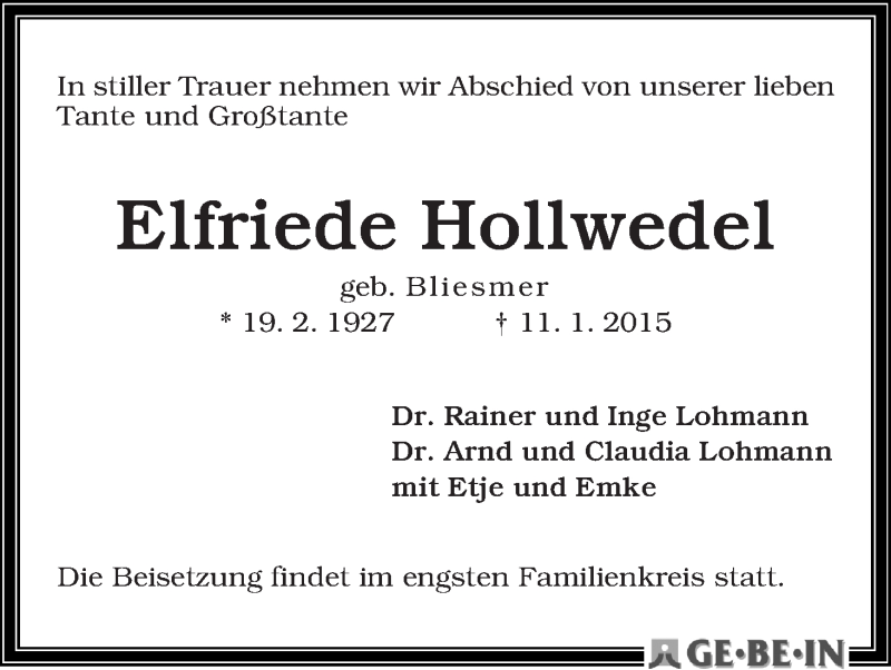Traueranzeige von Elfriede Hollwedel von WESER-KURIER