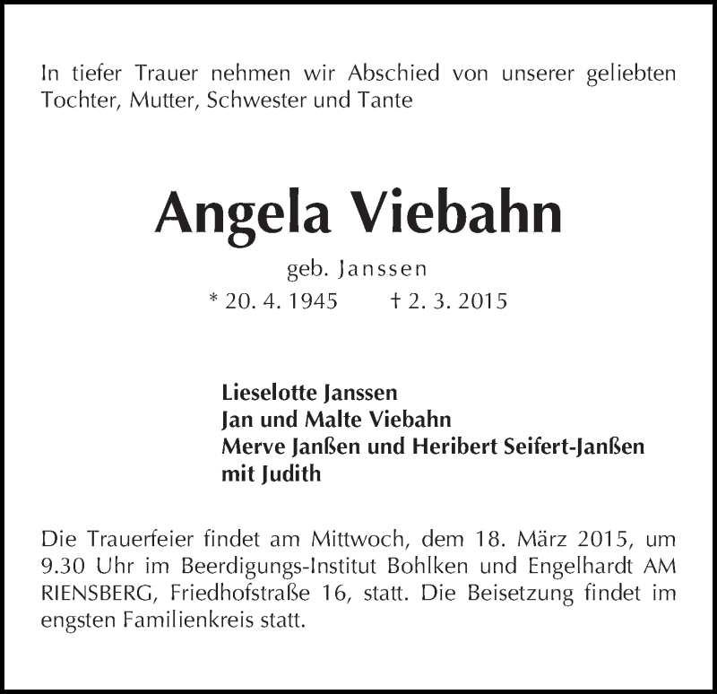 Traueranzeige von Angela Viebahn von WESER-KURIER