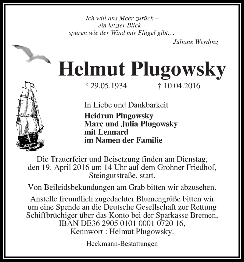 Traueranzeige von Helmut Plugowsky von Die Norddeutsche