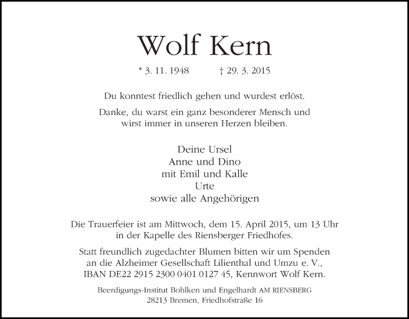 Traueranzeige von Wolf Kern von WESER-KURIER
