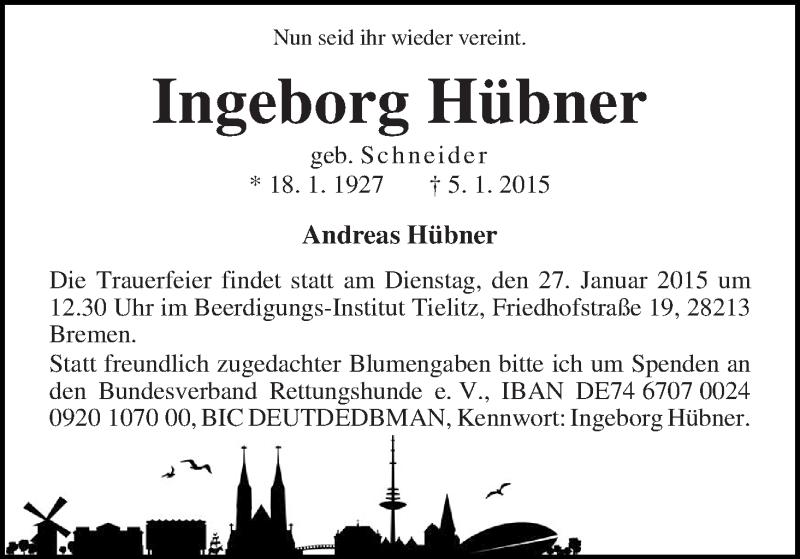 Traueranzeige von Ingeborg Hübner von WESER-KURIER