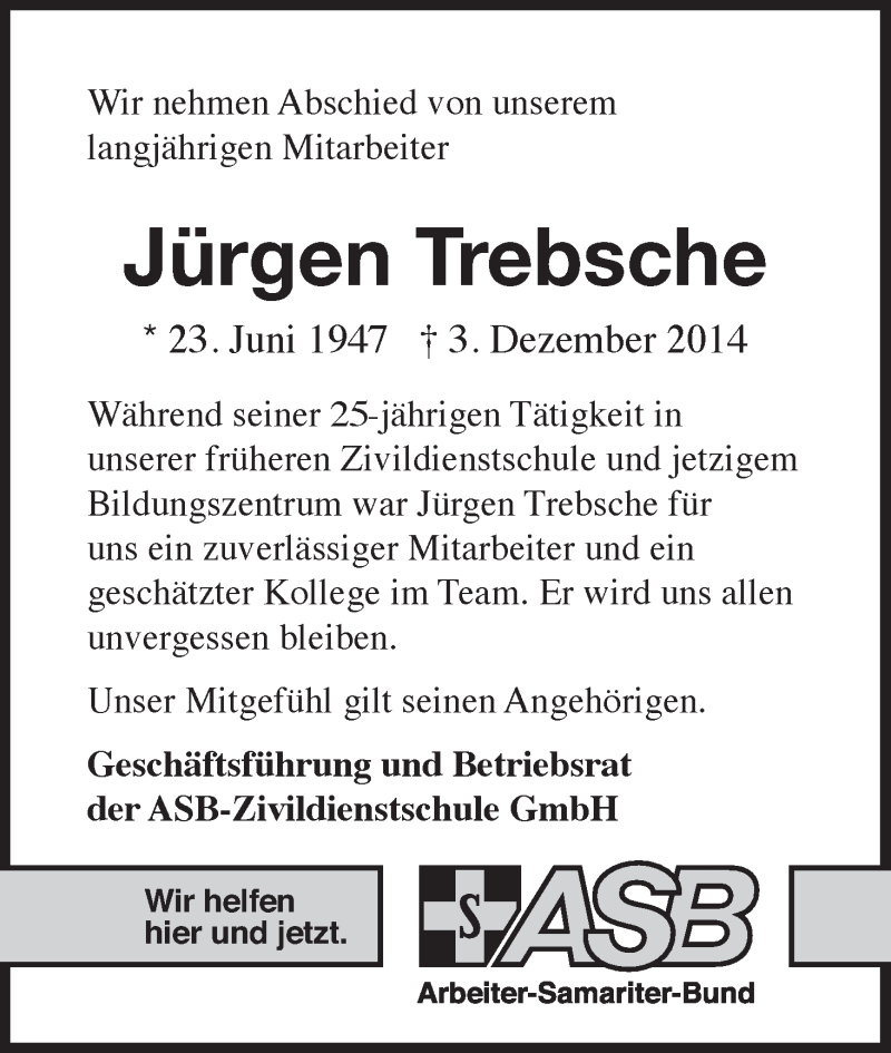 Traueranzeige von Jürgen Trebsche von WESER-KURIER