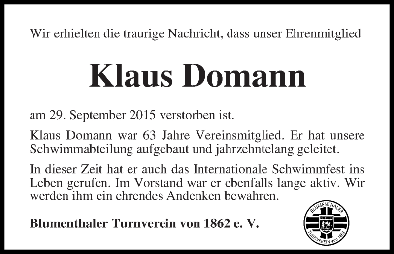 Traueranzeige von Klaus Domann von Die Norddeutsche