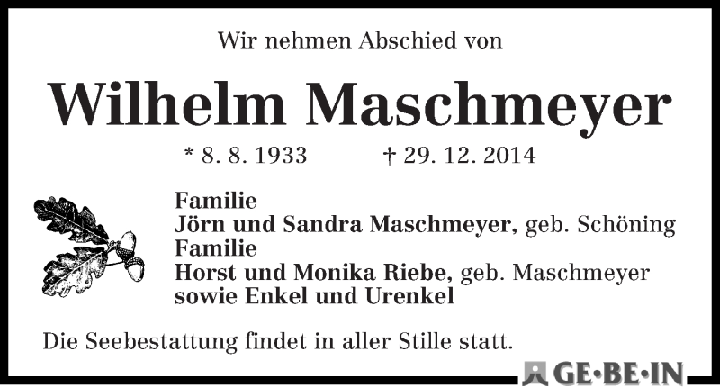 Traueranzeige von Wilhelm Maschmeyer von WESER-KURIER