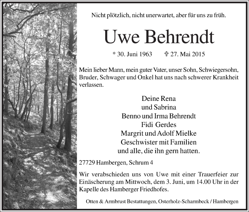 Traueranzeige von Uwe Behrendt von Osterholzer Kreisblatt