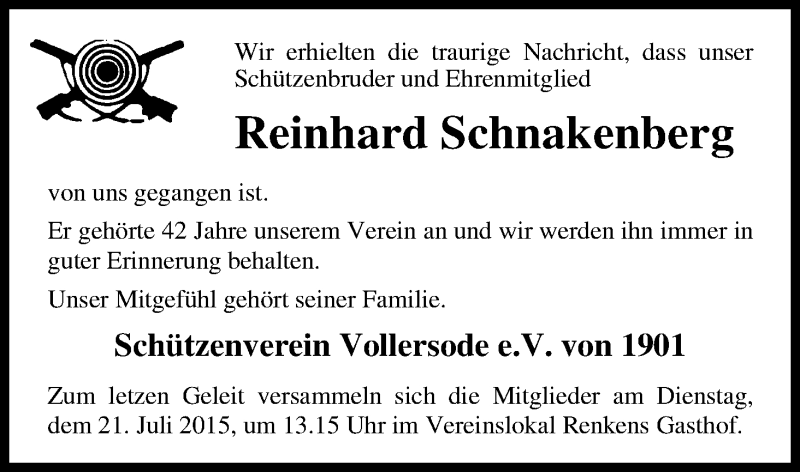 Traueranzeige von Reinhard Schnakenberg von Osterholzer Kreisblatt