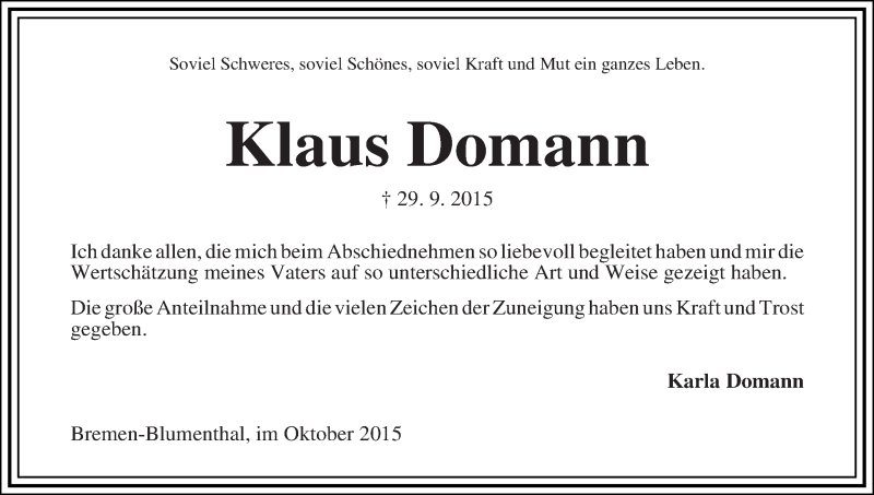 Traueranzeige von Klaus Domann von Die Norddeutsche