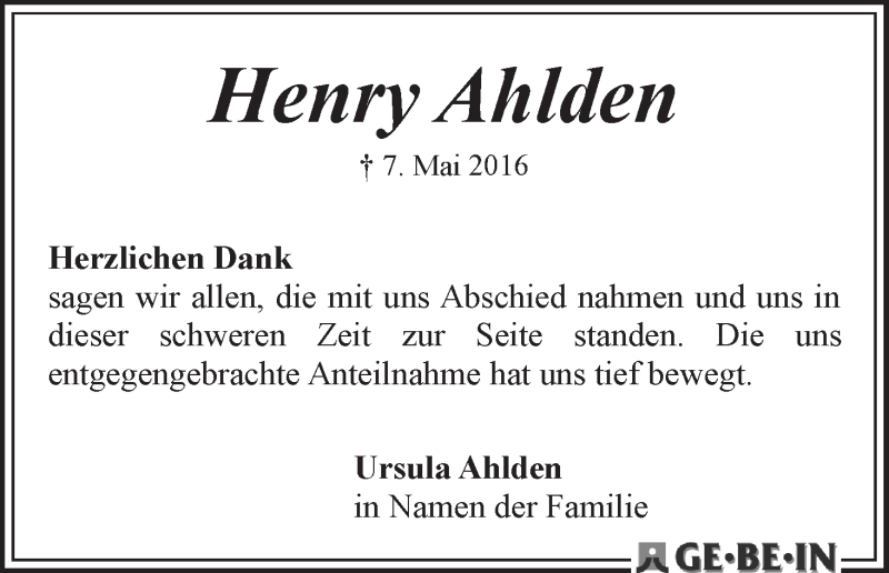 Traueranzeige von Henry Ahlden von WESER-KURIER