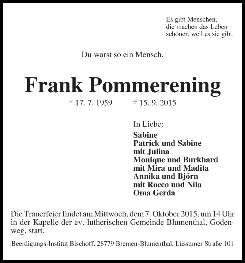 Traueranzeige von Frank Pommerening von Die Norddeutsche