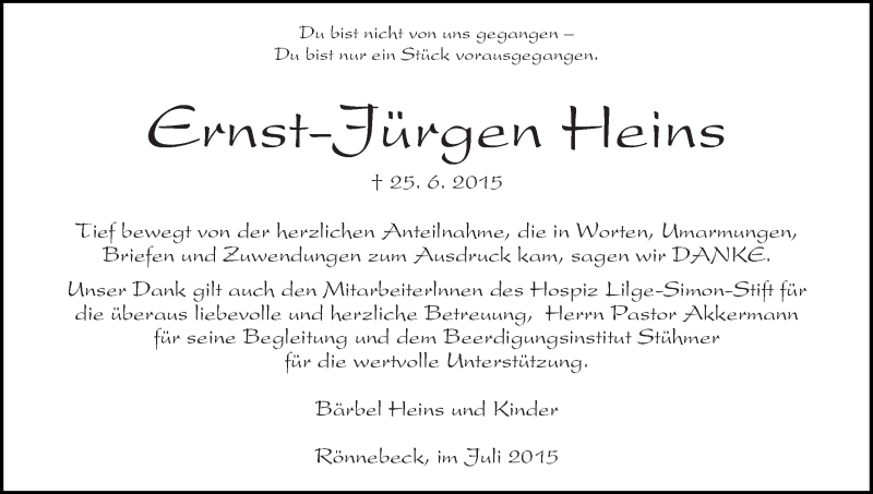 Traueranzeige von Ernst-Jürgen Heins von Die Norddeutsche