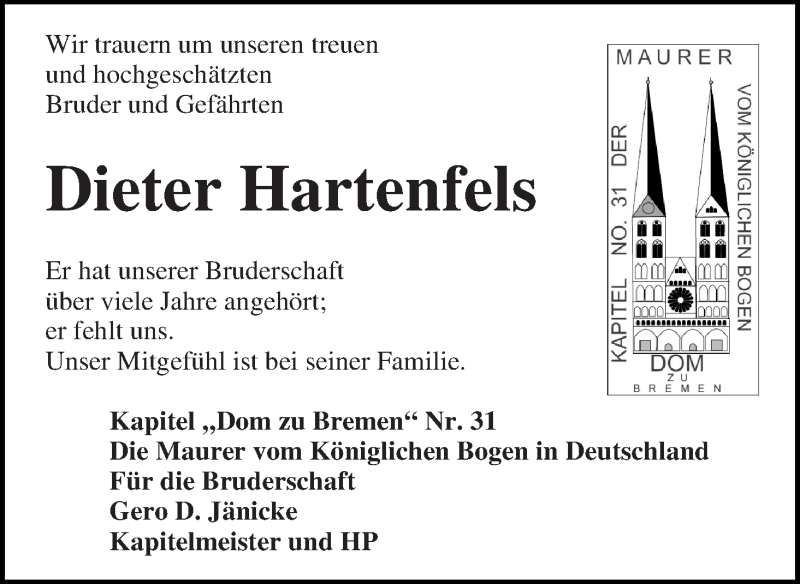 Traueranzeige von Dieter Hartenfels von WESER-KURIER