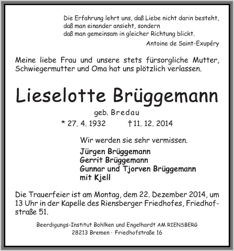 Traueranzeige von Lieselotte Brüggemann von WESER-KURIER