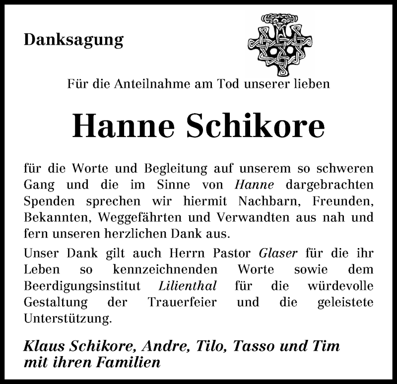 Traueranzeige von Hanne Schikore von Osterholzer Kreisblatt
