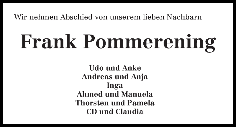 Traueranzeige von Frank Pommerening von Die Norddeutsche