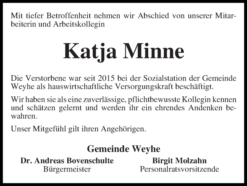 Traueranzeige von Katja Minne von Regionale Rundschau/Syker Kurier