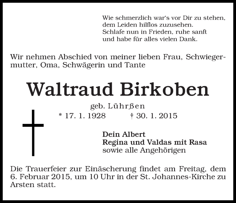 Traueranzeige von Waltraud Birkoben von WESER-KURIER