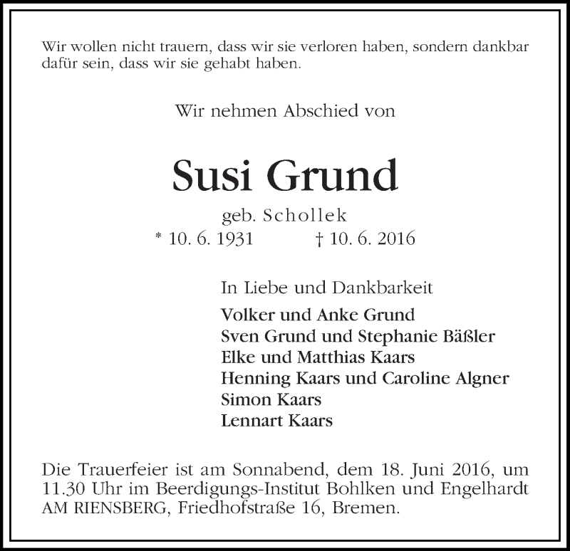 Traueranzeige von Susi Grund von WESER-KURIER