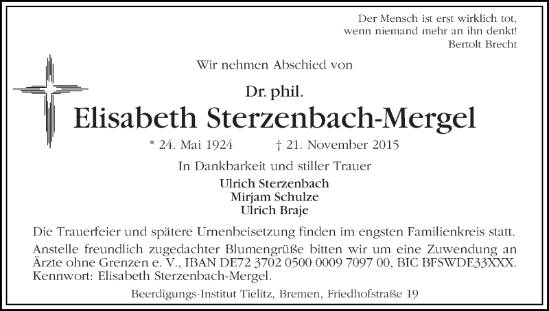 Traueranzeige von Elisabeth Sterzenbach-Mergel von WESER-KURIER
