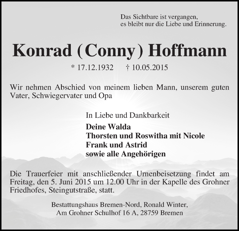 Traueranzeige von Konrad (Conny) Hoffmann von Die Norddeutsche