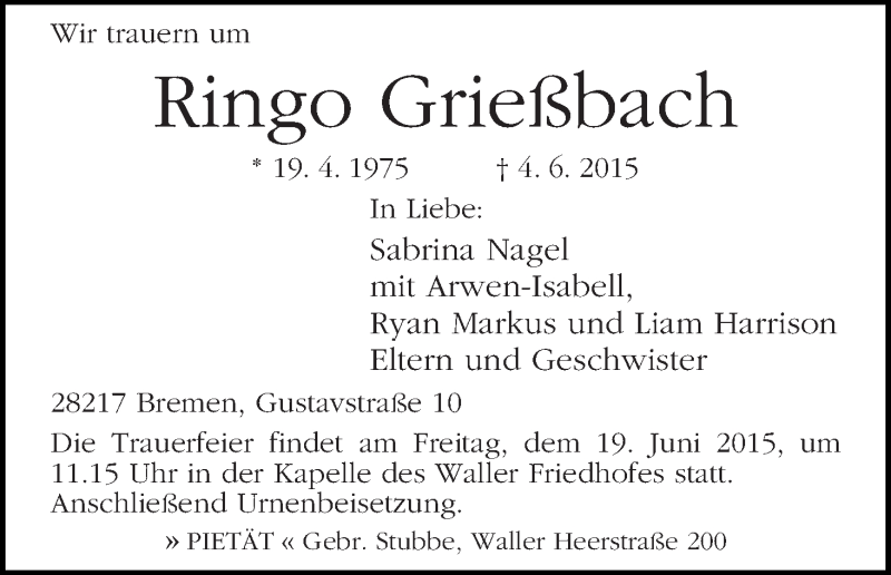Traueranzeige von Ringo Grießbach von WESER-KURIER