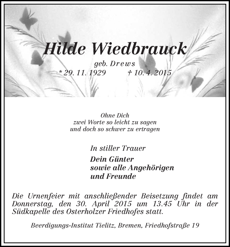 Traueranzeige von Hilde Wiedbrauck von WESER-KURIER
